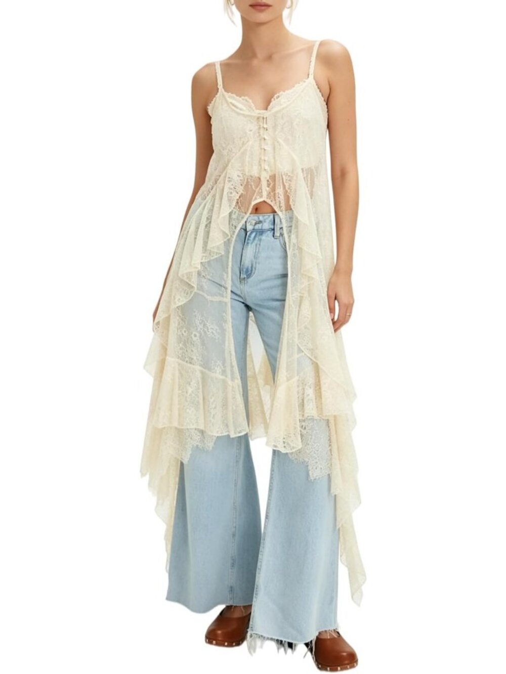 Boho Maxi Lace Top Spaghetti Strap Sheer Flowy Long Camisole for Women